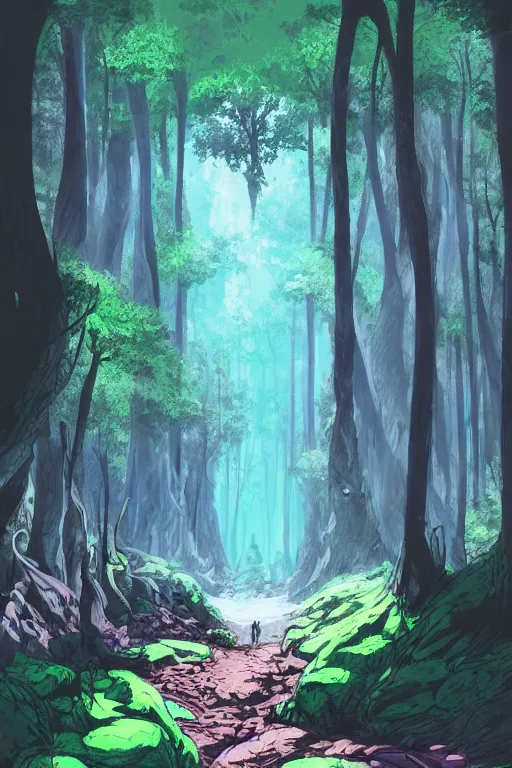 Image similar to concept art painting of a forest in a cave, artgerm, moebius, inio asano, toon shading, cel shading, calm, tranquil, vaporwave colors,