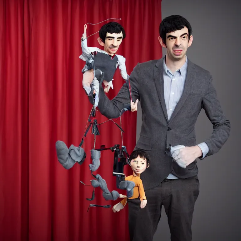 Prompt: dslr photograph of detailed realistic nathan fielder from nathan for you on comedy central on a stage with a red curtain as multiple marionette puppets controlled by hands holding the strings filmed by a tv crew, high detail!!! 8 k photorealism sharp focus volumetric lighting, coherent!!! art directed, rule of thirds
