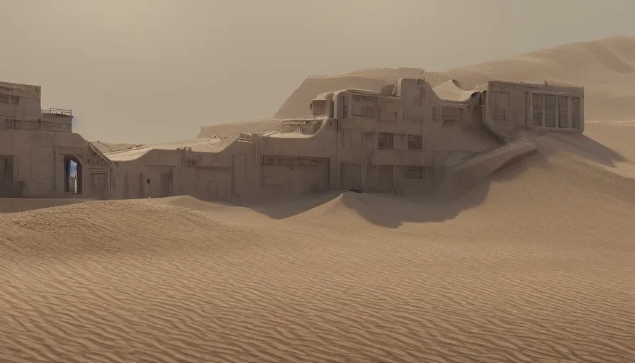 Image similar to white house under tons of sand, sandstorm, sand dunes, hyperdetailed, artstation, cgsociety, 8 k