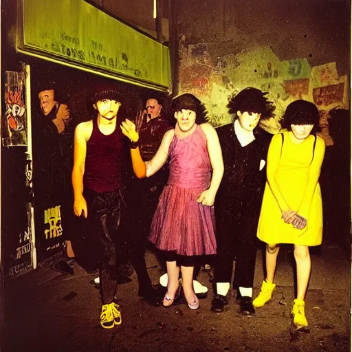 Image similar to night color flash portrait photography of punks on the lower east side by diane arbus, colorful!!, nighttime!, raining!