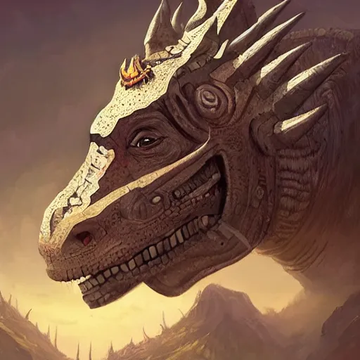 Image similar to triceratops with aztec headdress, greg rutkowski, digital illustration, concept art, dnd, face, fantasy, intricate, elegant, highly detailed, digital painting, artstation, full body, long shot, light from above