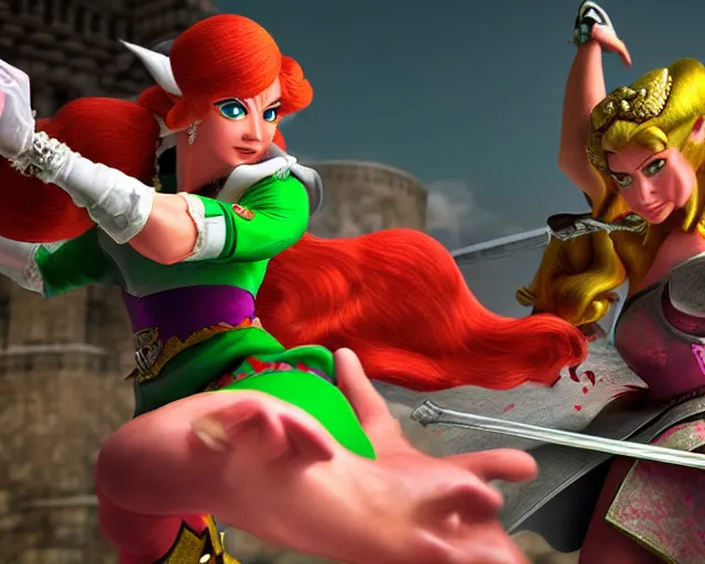 Image similar to princess peach fighting ganondorf, hyper realistic, cinematic, long shot, hyper detailed, 8 5 mm photograph, 8 k resolution, film still, sharp lens, wide lens