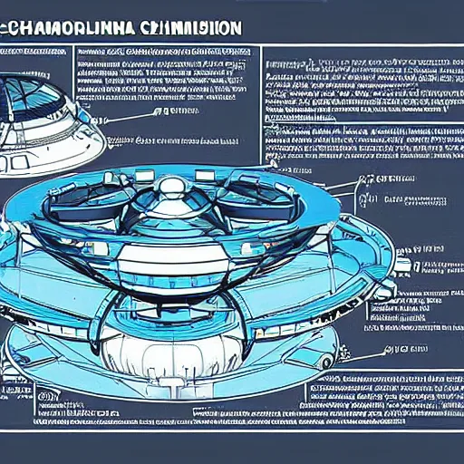 Image similar to a highly detailed technical schematic, blue - print, of a ufo propulsion system