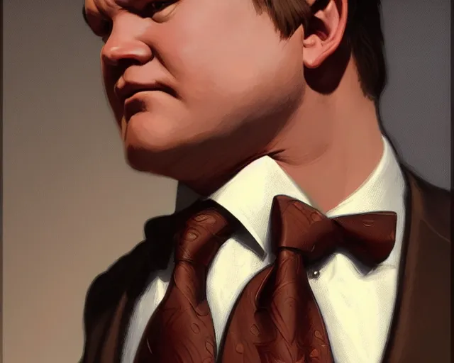 Image similar to close up of andy richter wearing a brown suit and necktie, focus, d & d, intricate, elegant, highly detailed, digital painting, artstation, concept art, matte, sharp focus, illustration, hearthstone, art by artgerm and greg rutkowski and alphonse mucha