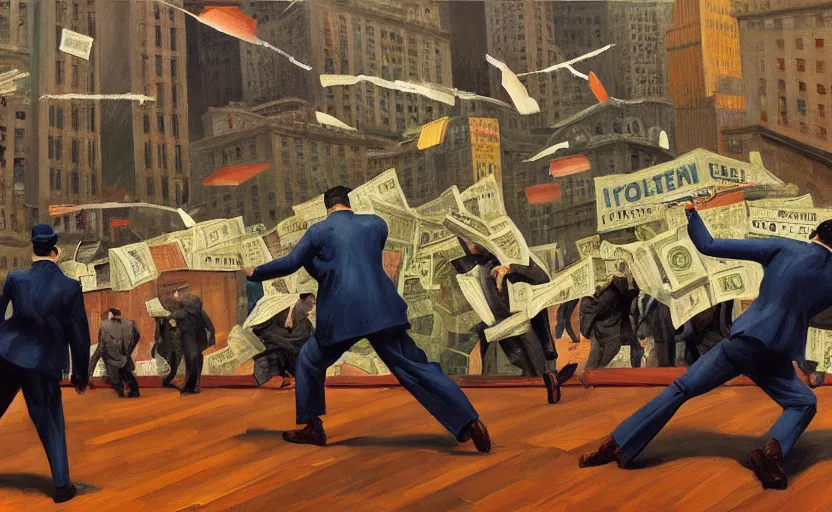 Prompt: Oil painting of mens in newyork stock exchange trading floor bearish markets droped fighting each other papers flying around by Lucian Freud, Abstract brush strokes, Masterpiece, Edward Hopper and James Gilleard, Zdzislaw Beksinski, Mark Ryden, Wolfgang Lettl highly detailed, hints of Yayoi Kasuma