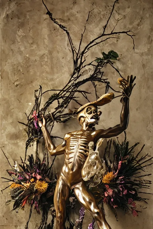 Image similar to Jean-Michel Basquiat as a bronze full-body statue of Icarus spreading his arms and arching his back for flight, glowing quartz crystal skull, wreath of ferns, flowing sakura-colored silk, fabric, flowers. baroque elements, human skull. full-length view. baroque element. intricate artwork by caravaggio. many many birds birds on background. Trending on artstation. halo. octane render, cinematic, hyper realism, octane render, 8k, depth of field, 3D