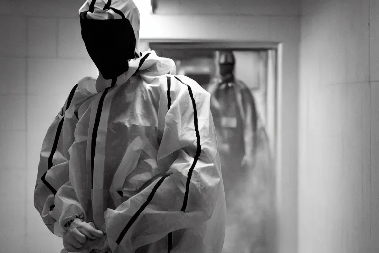 Image similar to a cinematic portrait of a prisoner dressed in a a black and white striped hazmat suit in a small prison cell, fog storm, annie leibovitz and zack snyder, 8 k, hd, high resolution, 8 5 mm, f / 1. 8