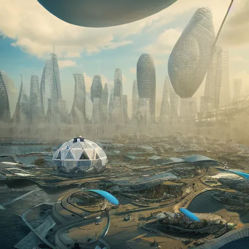 Image similar to a highly detailed 3D octane render of a futuristic dome city floating in the clouds, floating arcology city, inspired by Buckminster Fuller’s circular city project and Cloud City, trending on artstation, unreal engine, hyperrealistic, photorealistic