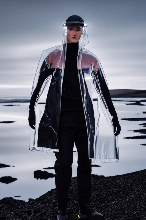 Image similar to an ultra high definition professional high fashion portrait studio full length photograph of a male model wearing a transparent pearlescent raincoat and neon visor in an icelandic black rock environment at dawn. no artefacts. extremely detailed. stark. refraction. shallow depth of field. volumetric light and shadow. ray tracing. light rays.