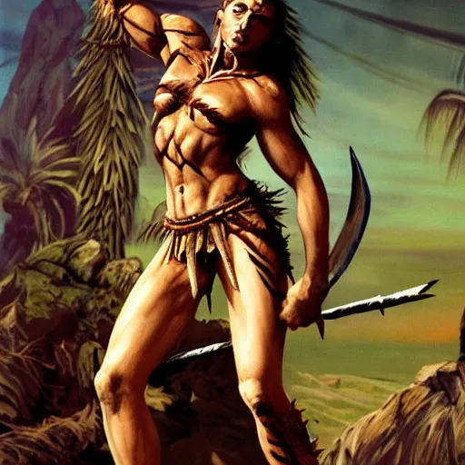 Prompt: Muscular savage warrior girl, wearing barbarian caveman pelt, cavewoman, wild spiky black hair, electrified hair, tiger pelt, holding scimitar made of bone, battle-scarred, scars of battle, bloody, primeval fantasy, electricity, electrical aura, palm trees, pulp art, illustration, Frank Frazetta