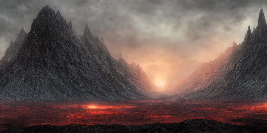 Image similar to Mordor Gorgoroth Plains in the evening, detailed matte painting, cinematic, Alan Lee, Artstation