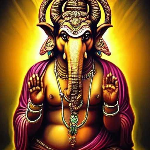 Prompt: Ultra realistic digital artwork of ganesha crossed with baphomet, biblical art style, mana art, prophetic art, ultra detailed, high coherency, DSLR HDR 8k, by Simon Wong of Artstation