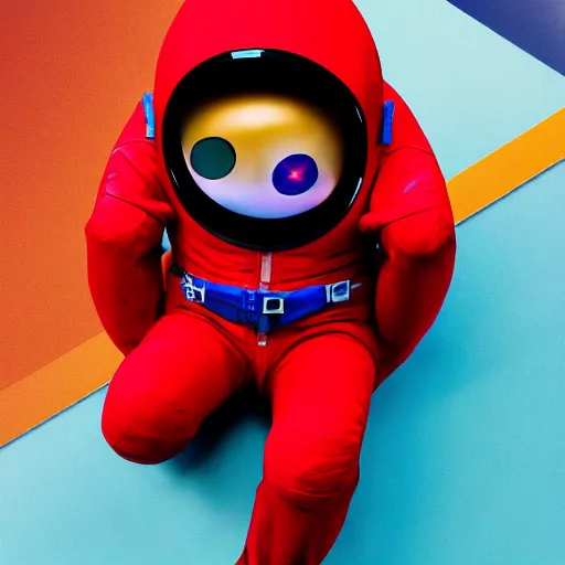 Prompt: a red suit astronaut shaped like a bean with a blue visor 4 k