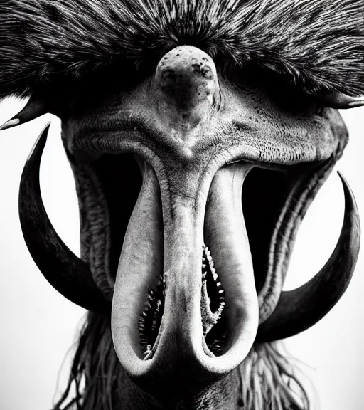 Prompt: Award winning Editorial up-angled photograph of Early-medieval Scandinavian Folk ostrich Baring its teeth with incredible hair and fierce hyper-detailed eyes by Lee Jeffries and David Bailey, 85mm ND 4, perfect lighting, a heart-shaped birthmark on the wide forehead, dramatic highlights, wearing traditional garb, With very huge sharp jagged Tusks and sharp horns, gelatin silver process