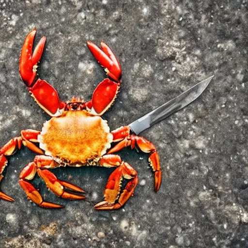 Prompt: crab holding a knife. nature photography, crab battle