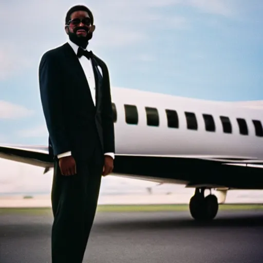 Prompt: photo of black man standing in front of private jet, depth of field cinestill, 800t, 35mm, full-HD