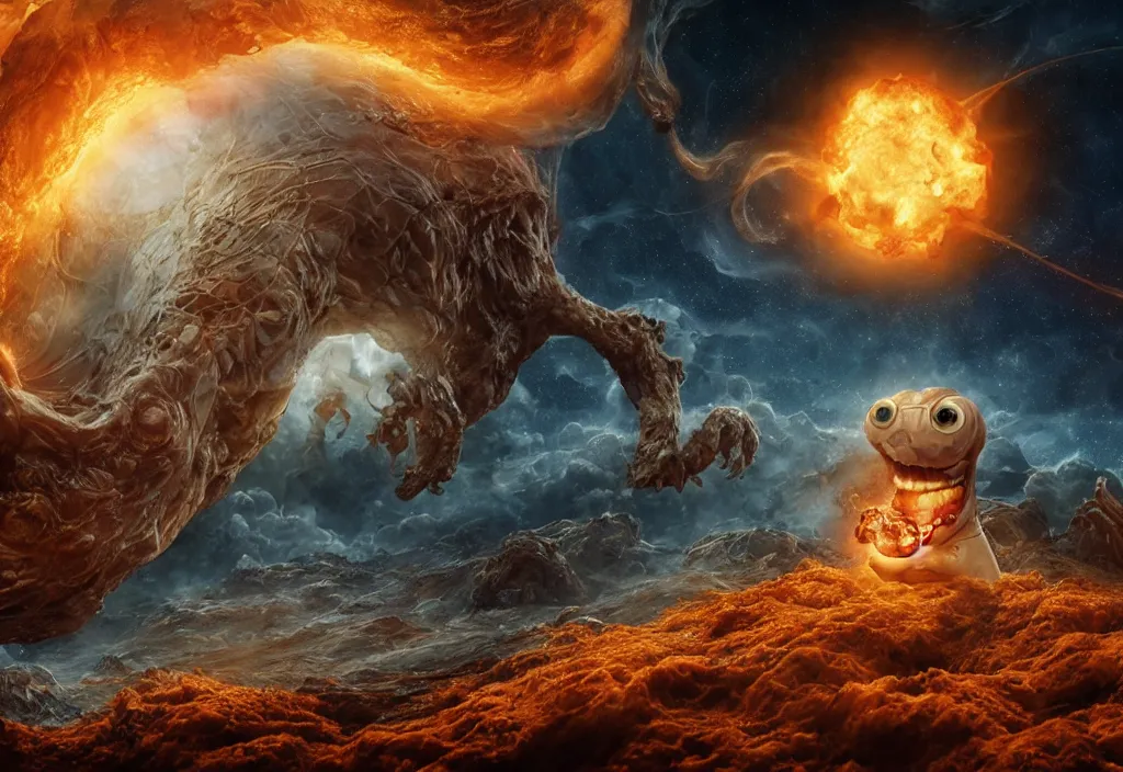 Image similar to eldritch horror bloody garfield in space, hd, 8 k, giant, epic, realistic photo, unreal engine, stars, prophecy, powerful, cinematic lighting, destroyed planet, debris, violent, sinister, ray tracing, dynamic, epic composition, dark, horrific, teeth, grotesque, monochrome drawing, hellscape, death, corpses, foreboding