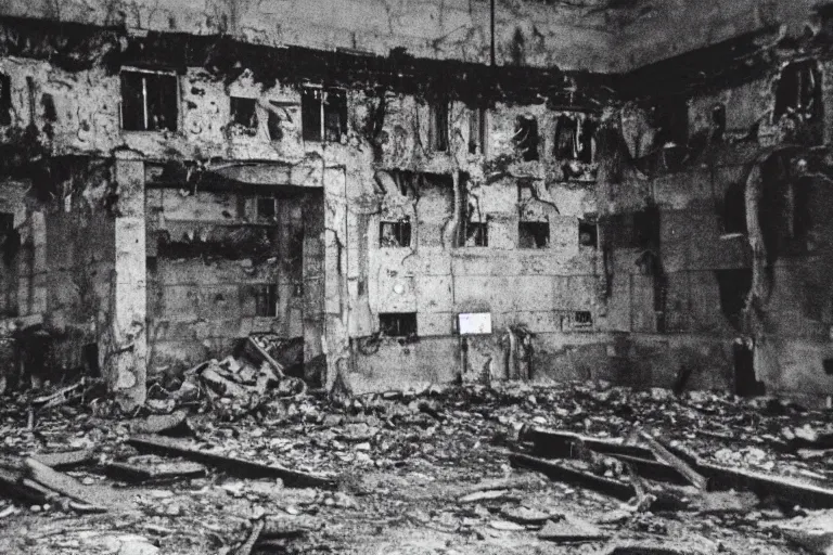 Image similar to flash photograph of soviet destroyed military building, ground zero, Radioactive Contamination, detail, 1985, creepy, dark, haunted, heavy rain, vintage photo