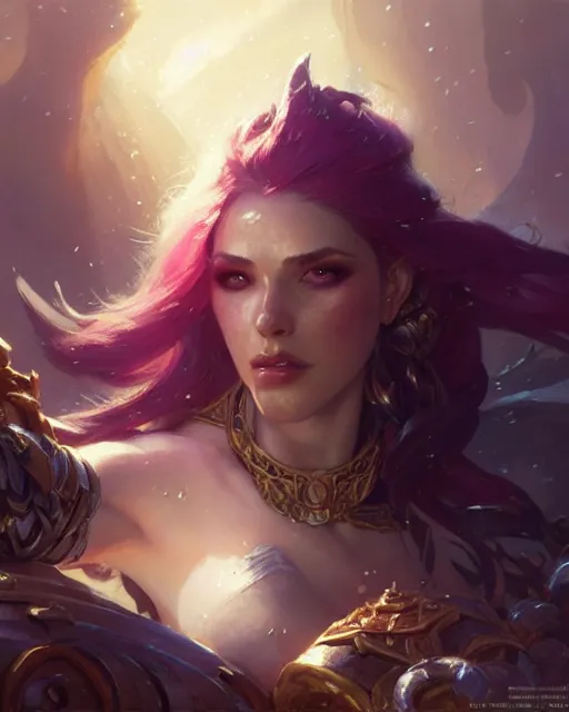 Image similar to kaisa from league of legends, character portrait, concept art, intricate details, highly detailed by greg rutkowski, gaston bussiere, craig mullins, simon bisley