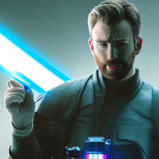 Prompt: Chris Evans holding a blue lightsaber dramatically, 4k, very detailed, backlit