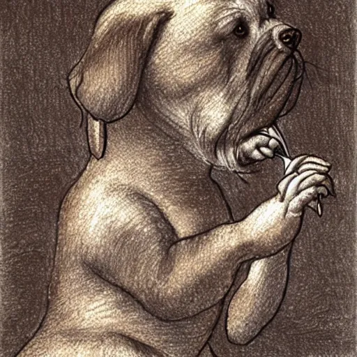 Image similar to drawing of a dog eating a banana, intricate, digital painting, sharp focus, old paper, by Leonardo Da Vinci,