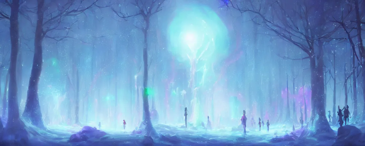 Prompt: beautiful concept art of a magical lights glowing with different colours everywhere in the centre of blizzard in an enchanted beautiful forest painted by Daisuke Tsutsumi, fantasy art, disney art illustration, trending on artstation, cgsociety, nice composition, great fantasy mood