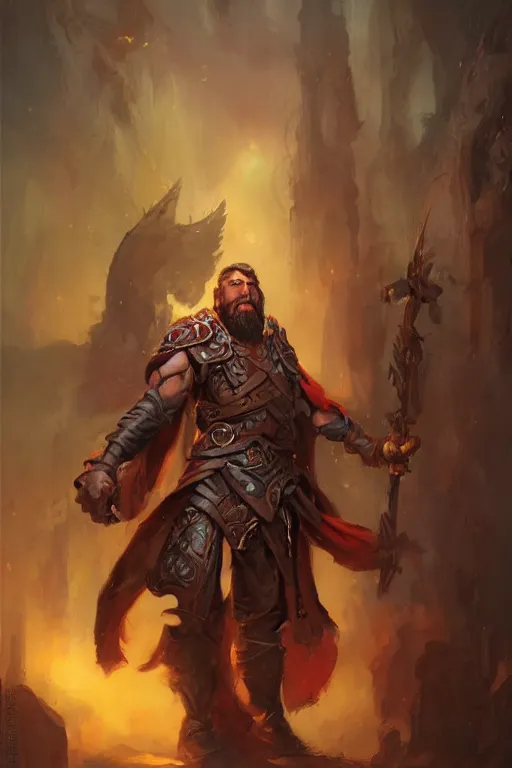 Prompt: Gruff human cleric painted by Raymond Swanland