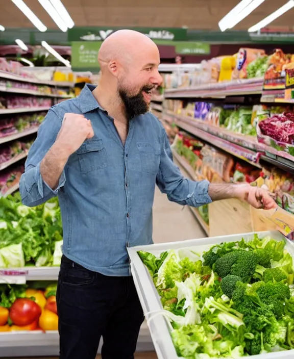 Image similar to a bald man with a beard gestures to a display of boxes of suddenly salad at the end cap inside a supermarket