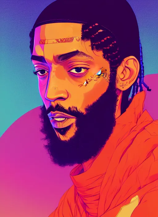 Prompt: portrait of nipsey hussle, epic, anime, artstation winner by victo ngai, kilian eng and by jake parker, by conrad roset, swirly vibrant color lines, winning award masterpiece, fantastically gaudy, aesthetic octane render, 8 k hd resolution