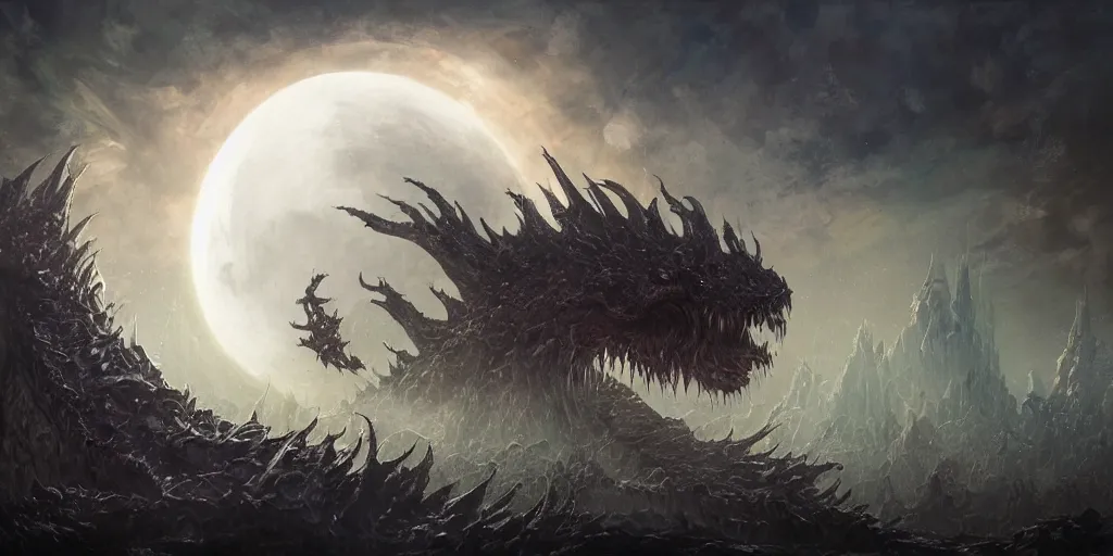 Image similar to concept art of giant kaiju, japanese, lots of teeth, melting horror, round moon, rich clouds, fighting the horrors of the unknown, mirrors, very detailed, volumetric light, mist, grim, fine art, decaying, textured oil over canvas, epic fantasy art, very colorful, ornate, anato finnstark