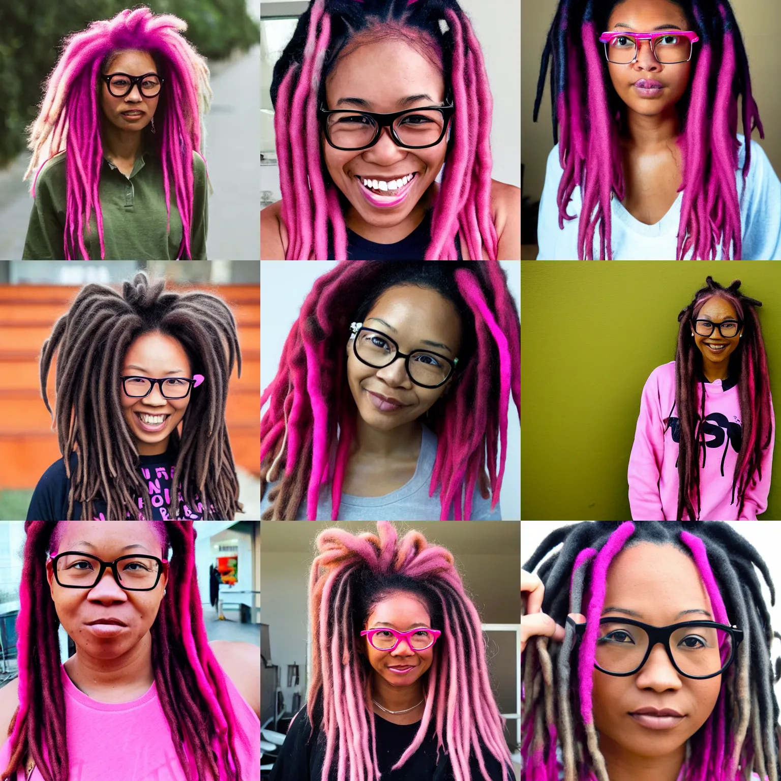 Prompt: Blasian woman with dreads wearing glasses, pink dyed hair