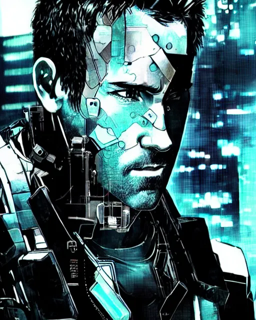 Prompt: epic portrait of cyberpunk ryan reynolds by yoji shinkawa