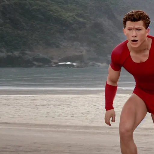 Image similar to Tom Holland in Baywatch. Movie still frame. 4K UHD.