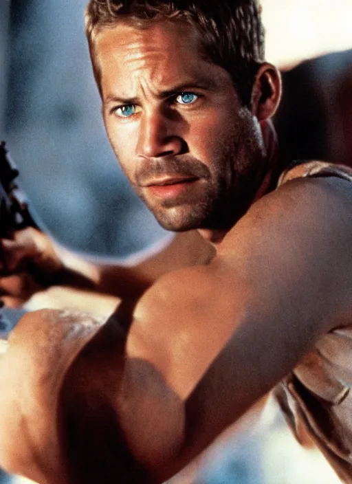 Image similar to film still of Paul Walker as John McClane in Die Hard, 4k