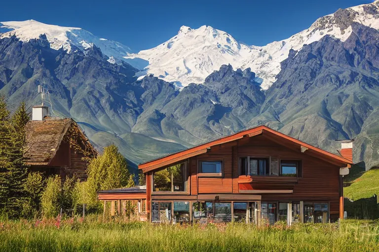 Image similar to architecture photo modern fachwerk house cottage settlement with Elbrus mountain on the background, architecture, photorealism 8k , high details