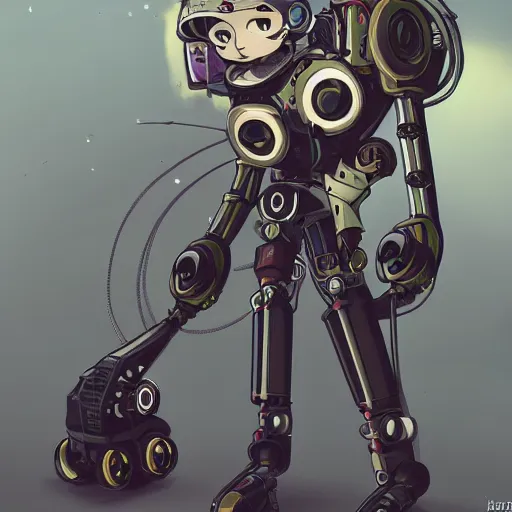 Prompt: a robotic steampunk human and cat, anime, wholesome, detailed,