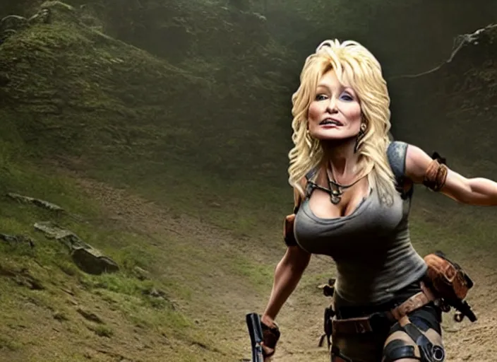 Image similar to film still of!!!! dolly parton!!! as lara croft in new tomb raider movie, 8 k