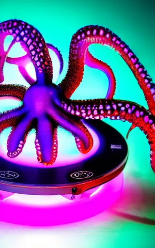 Image similar to award winning photo of an octopus! as a dj with tentacles! simultaneously placed turntables cdjs and knobs of a pioneer dj mixer. sharp, blue and fuschia colorful lighting, in front of a large crowd, studio, medium format, 8 k detail, volumetric lighting, wide angle, at an outdoor psytrance festival main stage at night