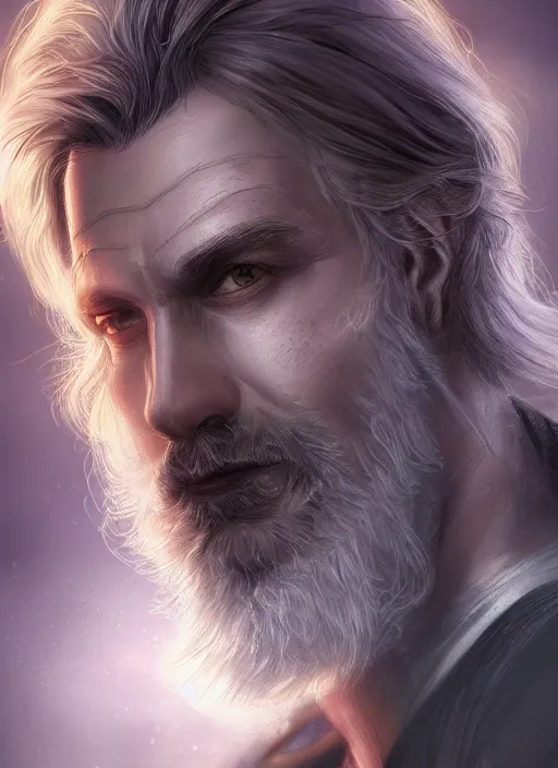 Image similar to an epic fantastic realism comic book style portrait painting of an aasimar warlock, mid thirties, male, shaggy silver hair, short brown beard, d & d concept art, unreal 5, daz, petrol aesthetic, octane render, cosplay, rpg portrait, dynamic lighting