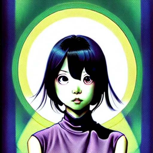 Prompt: bemused to be enveloped in warn portrait of tomoko kuroki looking straight on, complex artistic color illustration, full detail, soft shadowing, fully immersive reflections and particle effects, concept art by artgerm, by range murata