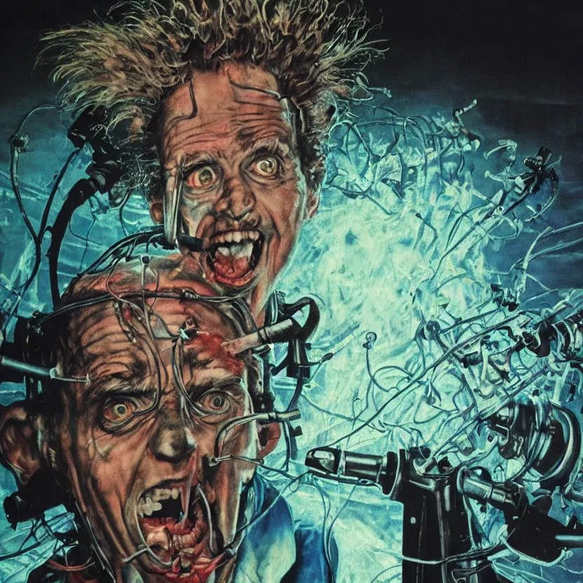 Image similar to a close - up view of a mad scientist with crazy hair experimenting on a television in a blacklight room, dark glowing laboratory, highly detailed science fiction painting by norman rockwell, tim jacobus, simon bisley, and sanjulian. detailed texture, rich colors, high contrast, gloomy atmosphere, dark background. trending on artstation