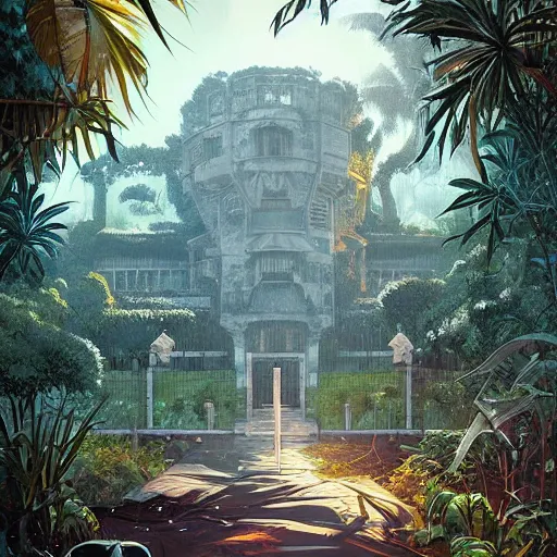 Prompt: jungle mansion by greg rutkowski. day beach by dan mumford.