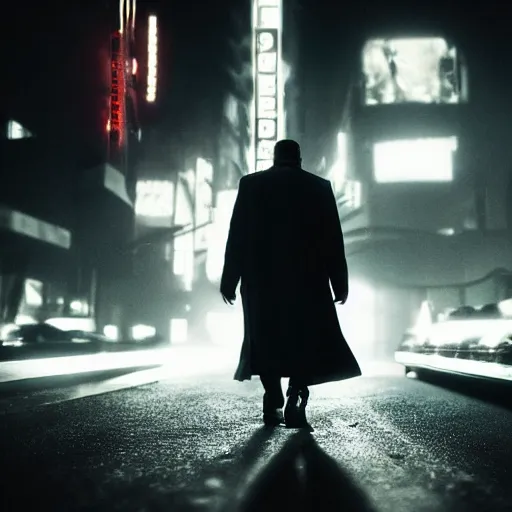 Image similar to a man wearing a trenchoat, walking down a dark street, neonoir, cyberpunk, Blade Runner inspired, film still