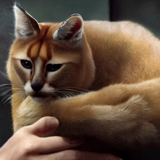 Image similar to Ryan Gosling holds a caracal cat in his hands, ultra highly detailed, smooth, sharp focus, elegant, artstation