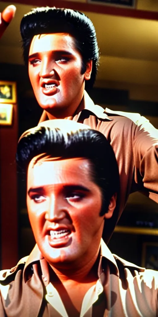 Image similar to photo portrait elvis in an english chip shop, screenshot from bollywood muscial