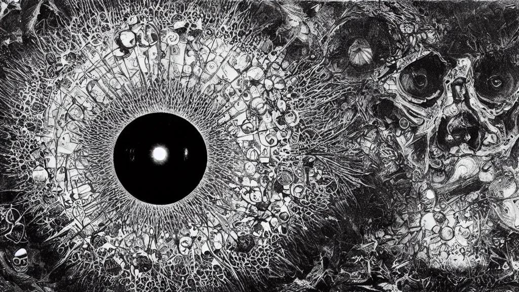 Image similar to a beautiful dreamy painting of a coronavirus inside a broken television screen, evil eye, dark, sinister, detailed, high contrast, art by Ernst Haeckel and Matt Lombardi