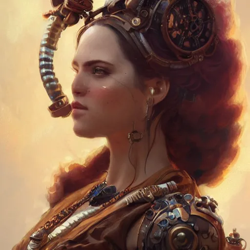 Image similar to a beautiful portrait of a steampunk goddess, a detailed painting by greg rutkowski and raymond swanland, featured on cgsociety, fantasy art, detailed painting, artstation hd, photorealistic