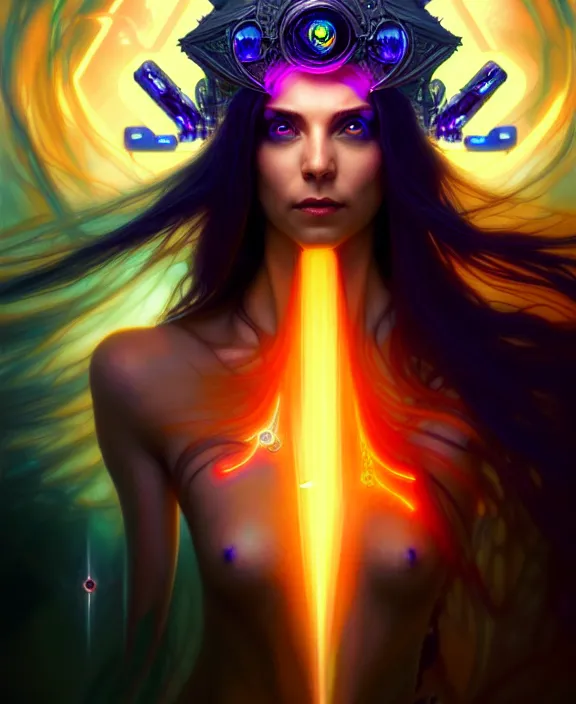 Image similar to a whirlwind of souls rushing inside the metaverse, half body, glowin eyes, tiara with sapphire, pharaoh, android, cyberpunk, d & d, fantasy, intricate, elegant, highly detailed, colorful, vivid color, digital painting, artstation, concept art, art by artgerm and greg rutkowski and alphonse mucha and ruan jia