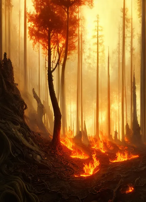 Image similar to panorama of a burning forest inhabited by elves, d & d, violent, fantasy, intricate, elegant, highly detailed, digital painting, artstation, concept art, smooth, sharp focus, illustration, art by artgerm and greg rutkowski and alphonse mucha