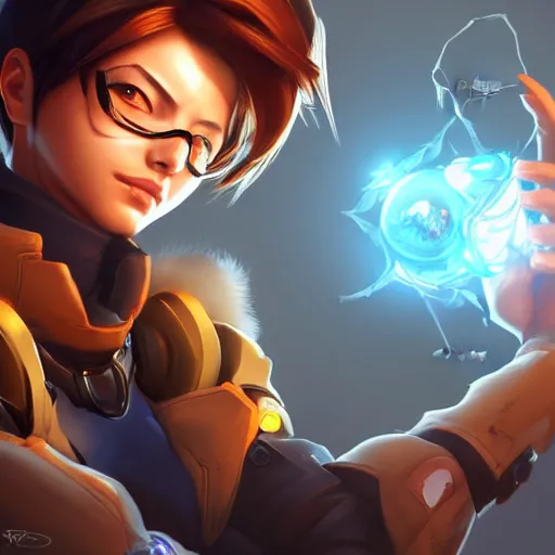 Prompt: A beautiful portrait of Tracer from Overwatch pondering her orb, long shot, realistic, highly detailed, by Stanley Artgerm Lau, WLOP, and Rossdraws, digtial painting, orange and blue color scheme, trending on ArtStation